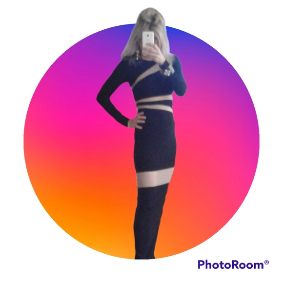 Peekaboo Dress! ABS Allen Schwartz Illusion Inset Maxi Long Black peek a boo - Picture 2 of 16